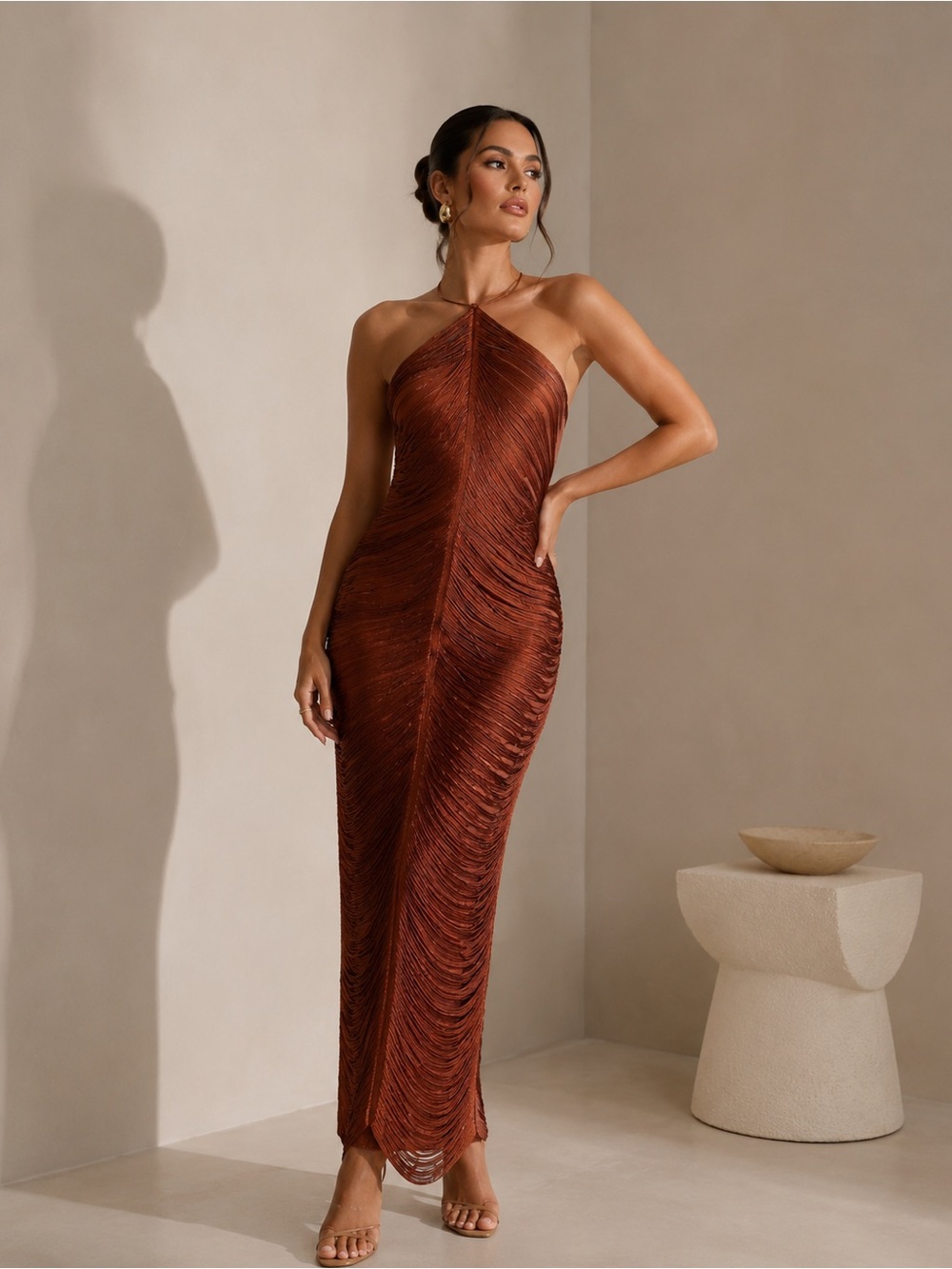 28- NEW - Red Fringe Halter Maxi Dress Gold Detail Elegant Party Gown